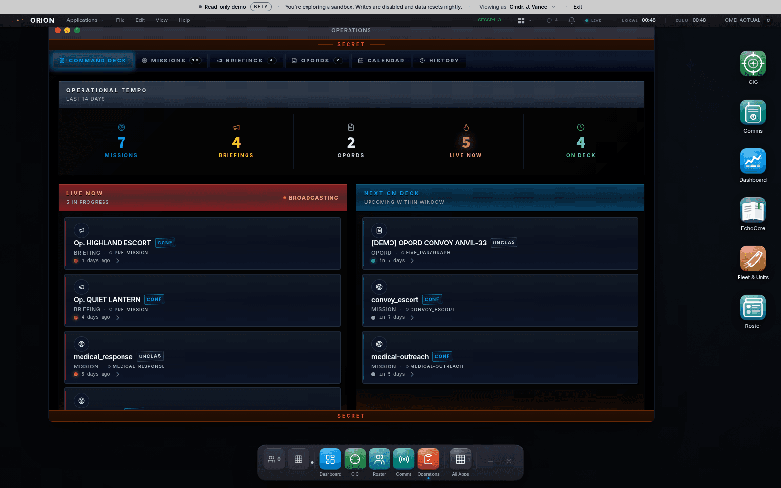 ORION Operations Command Deck showing mission totals, briefings, and active mission cards